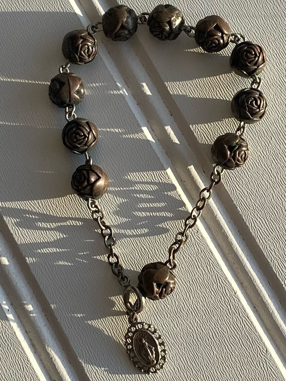 Antique-Style Brown Rose Bead Bracelet rosary with Medallion traveling prayers